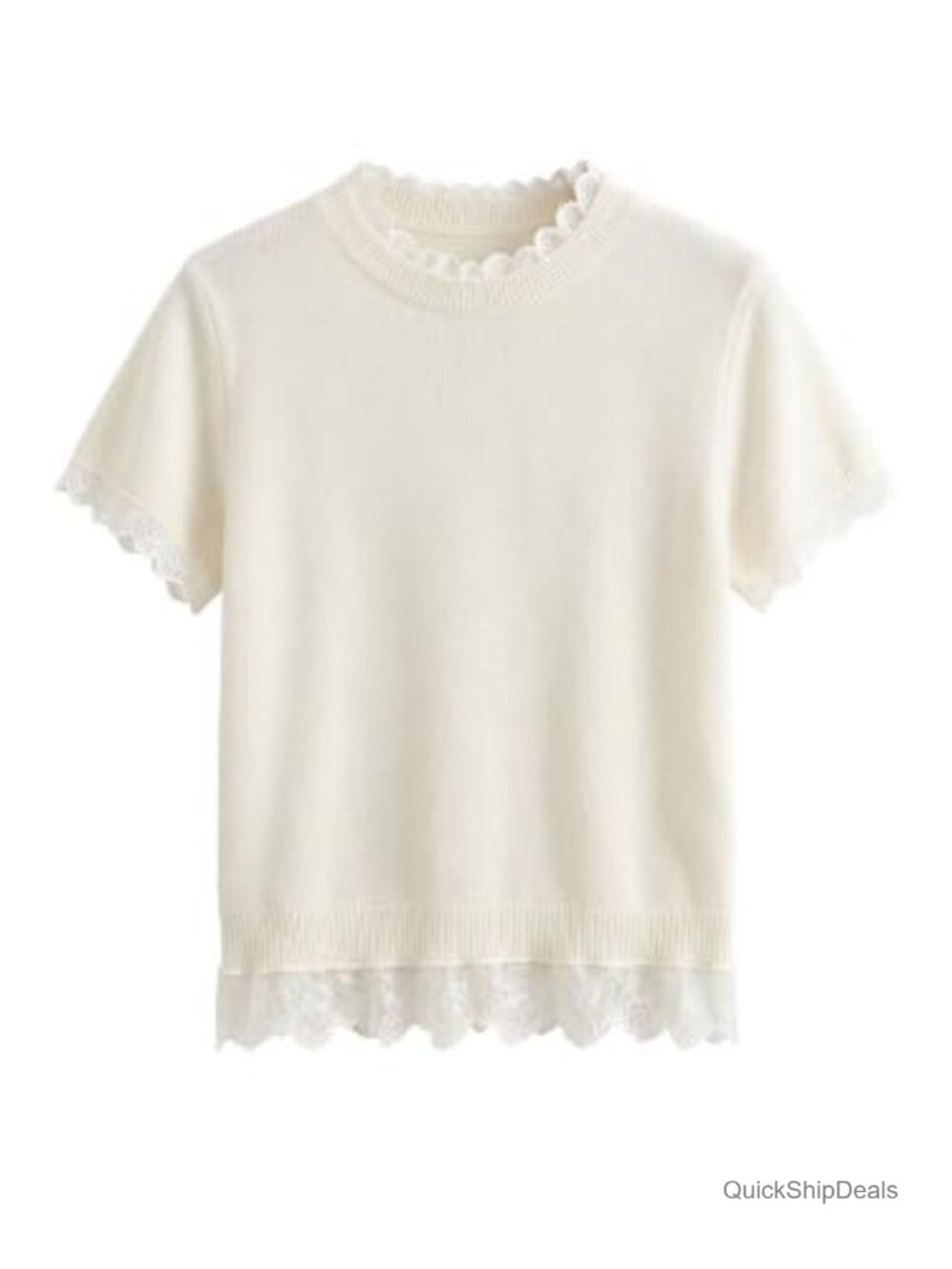 WDIRARA Lace Trim Short Sleeve Knit Sweater Pullover Crew Neck Lightweight